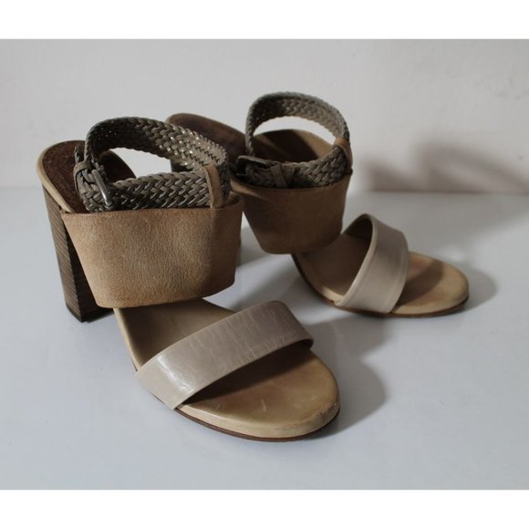 Brunello Cucinelli Tan Pebbled & Braided Leather Block Heeled Sandals Size US 6 - Picture 4 of 13